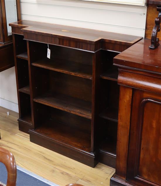 A Georgian style mahogany inlaid open breakfront bookcase W.106cm